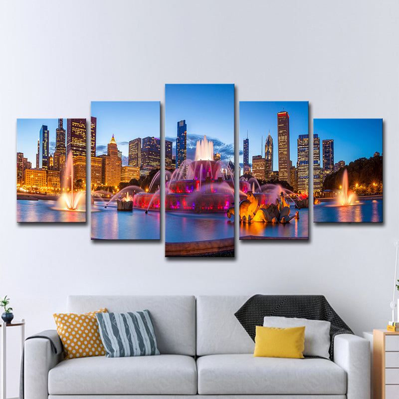Buckingham Fountain Scenery Art Print Purple Canvas Wall Decoration, Multi-Piece Clearhalo 'Art Gallery' 'Canvas Art' 'Contemporary Art Gallery' 'Modern' Arts' 1600444