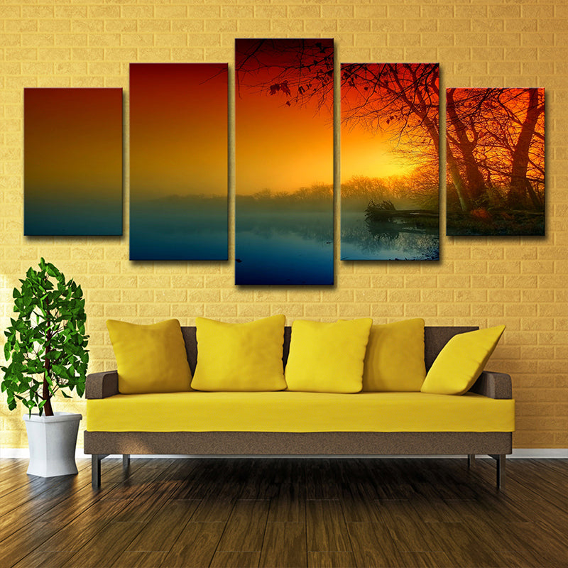 Orange Sunset River Canvas Art Nature Landscape Modern Multi-Piece Wall Decor for Home Orange Clearhalo 'Art Gallery' 'Canvas Art' 'Contemporary Art Gallery' 'Modern' Arts' 1600456