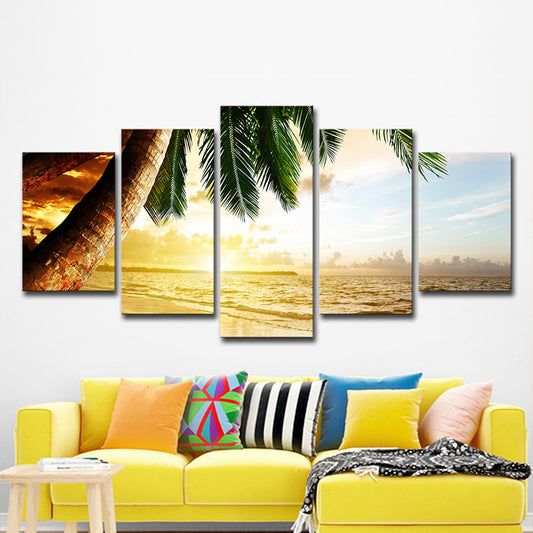 Tropical Sundown Seascape Wall Art Yellow and Green Multi-Piece Canvas for Living Room Clearhalo 'Art Gallery' 'Canvas Art' 'Contemporary Art Gallery' 'Modern' Arts' 1600464