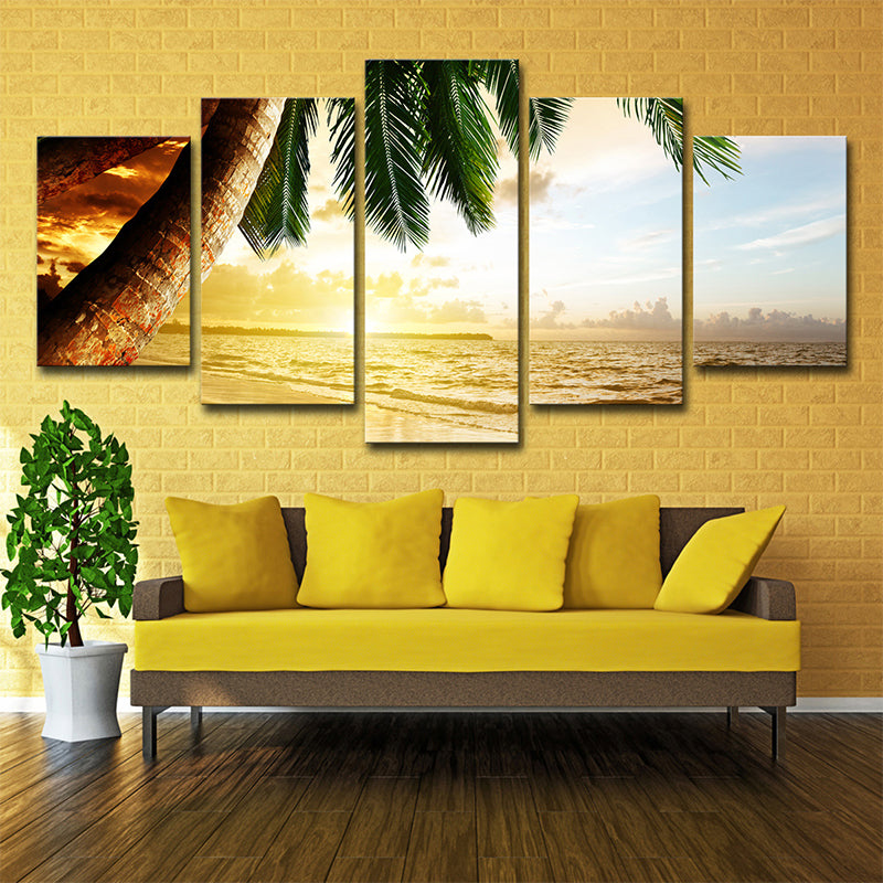 Tropical Sundown Seascape Wall Art Yellow and Green Multi-Piece Canvas for Living Room Clearhalo 'Art Gallery' 'Canvas Art' 'Contemporary Art Gallery' 'Modern' Arts' 1600465