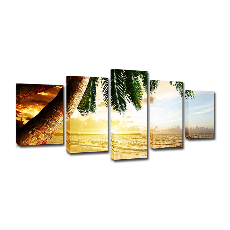 Tropical Sundown Seascape Wall Art Yellow and Green Multi-Piece Canvas for Living Room Clearhalo 'Art Gallery' 'Canvas Art' 'Contemporary Art Gallery' 'Modern' Arts' 1600466