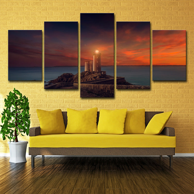 Modern Lighthouse Wall Art Print Orange Sunset Scenery Canvas Print for House Decor Orange Clearhalo 'Art Gallery' 'Canvas Art' 'Contemporary Art Gallery' 'Modern' Arts' 1600477