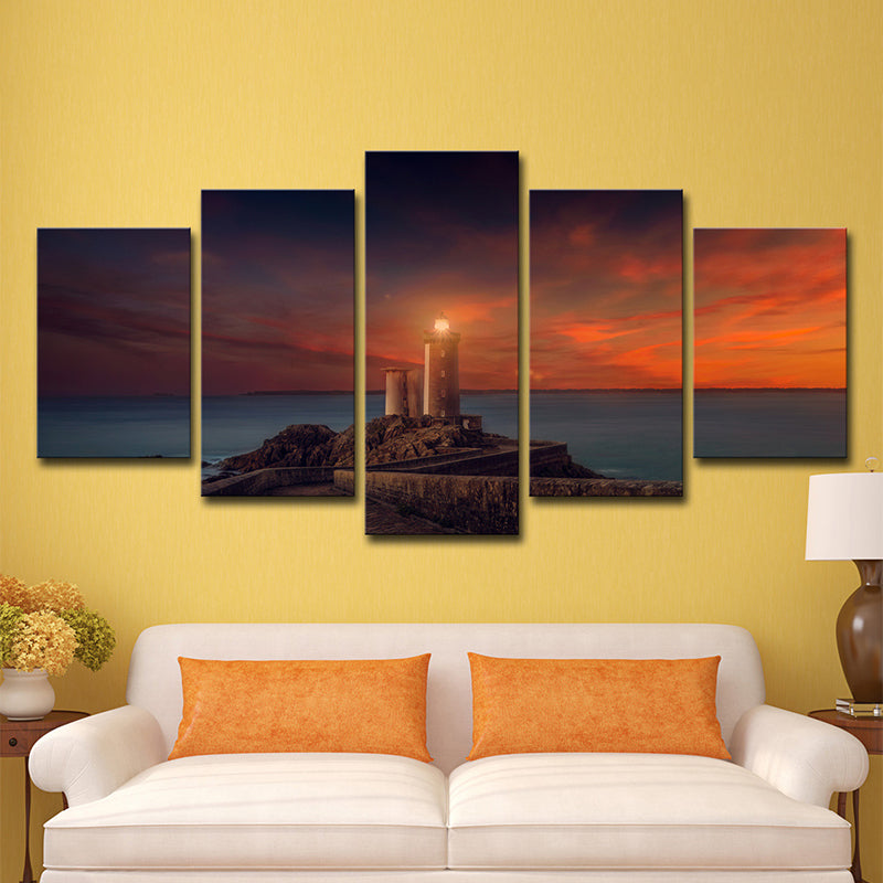 Modern Lighthouse Wall Art Print Orange Sunset Scenery Canvas Print for House Decor Clearhalo 'Art Gallery' 'Canvas Art' 'Contemporary Art Gallery' 'Modern' Arts' 1600479