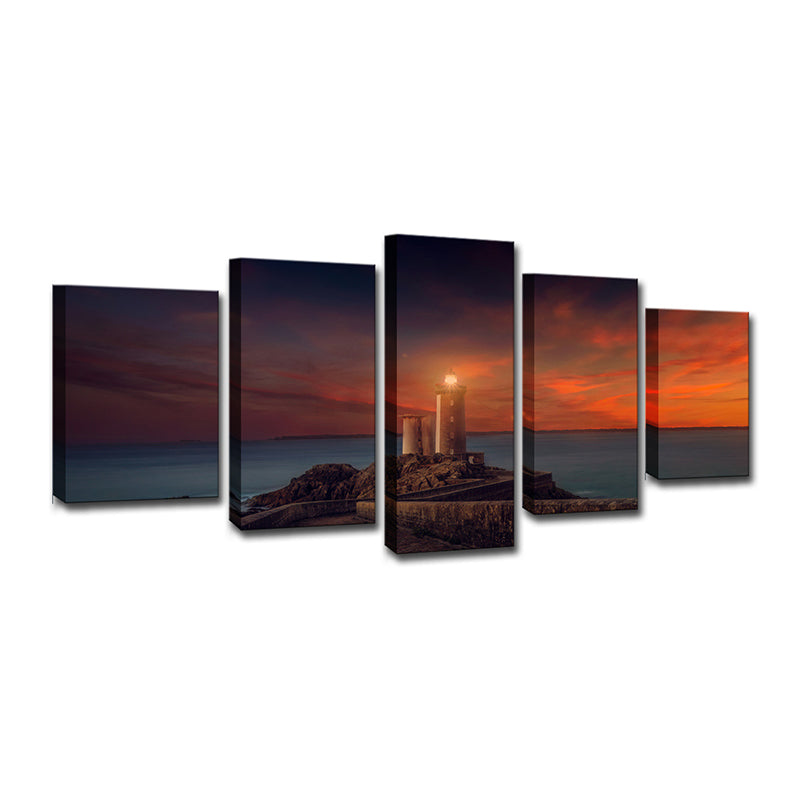 Modern Lighthouse Wall Art Print Orange Sunset Scenery Canvas Print for House Decor Clearhalo 'Art Gallery' 'Canvas Art' 'Contemporary Art Gallery' 'Modern' Arts' 1600480