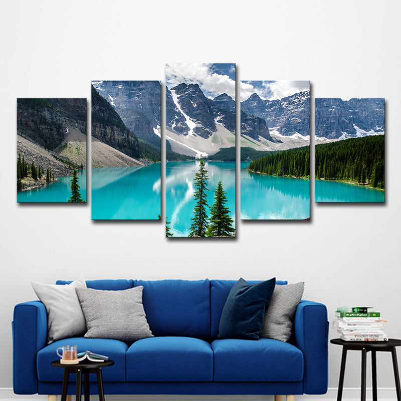 Photography Mountain and River Art Print for Home, Blue and Green, Multiple-Piece Clearhalo 'Art Gallery' 'Canvas Art' 'Contemporary Art Gallery' 'Modern' Arts' 1600506