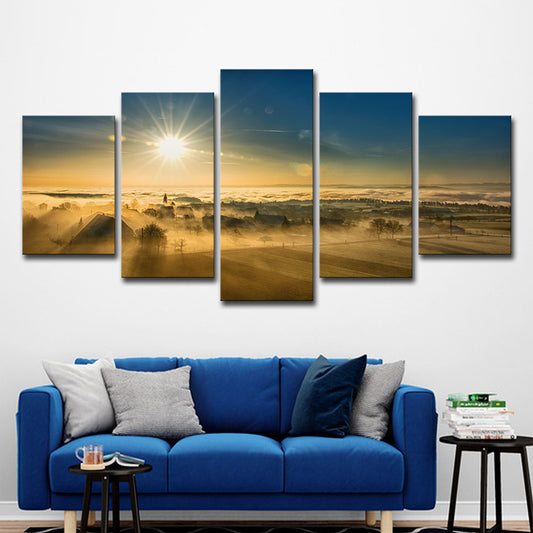 Sunset View of Village Canvas Art Modern Multi-Piece Wall Decor in Brown for Home Brown Clearhalo 'Art Gallery' 'Canvas Art' 'Contemporary Art Gallery' 'Modern' Arts' 1600512