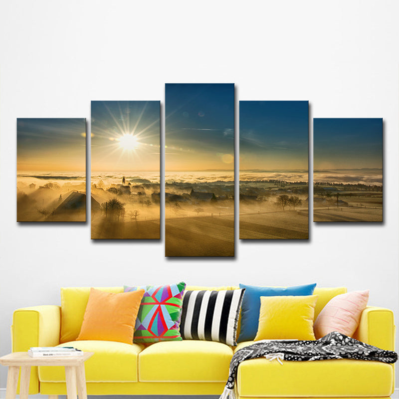 Sunset View of Village Canvas Art Modern Multi-Piece Wall Decor in Brown for Home Clearhalo 'Art Gallery' 'Canvas Art' 'Contemporary Art Gallery' 'Modern' Arts' 1600513