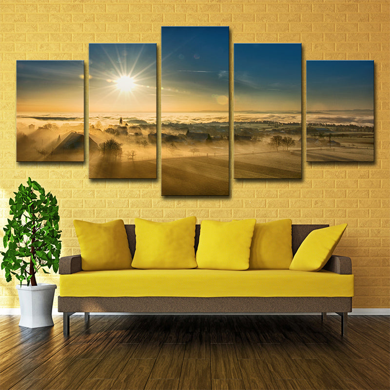 Sunset View of Village Canvas Art Modern Multi-Piece Wall Decor in Brown for Home Clearhalo 'Art Gallery' 'Canvas Art' 'Contemporary Art Gallery' 'Modern' Arts' 1600514