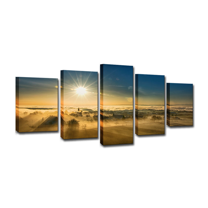 Sunset View of Village Canvas Art Modern Multi-Piece Wall Decor in Brown for Home Clearhalo 'Art Gallery' 'Canvas Art' 'Contemporary Art Gallery' 'Modern' Arts' 1600515