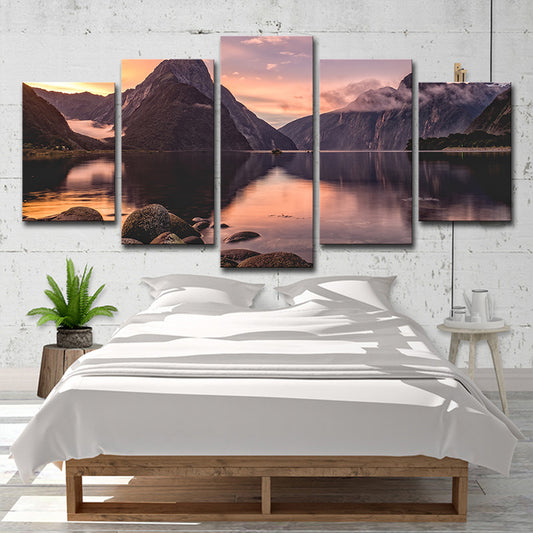 Milford Sound Sunset View Canvas Print Multi-Piece Modern Bedroom Wall Art Decor Grey Clearhalo 'Art Gallery' 'Canvas Art' 'Contemporary Art Gallery' 'Modern' Arts' 1600533