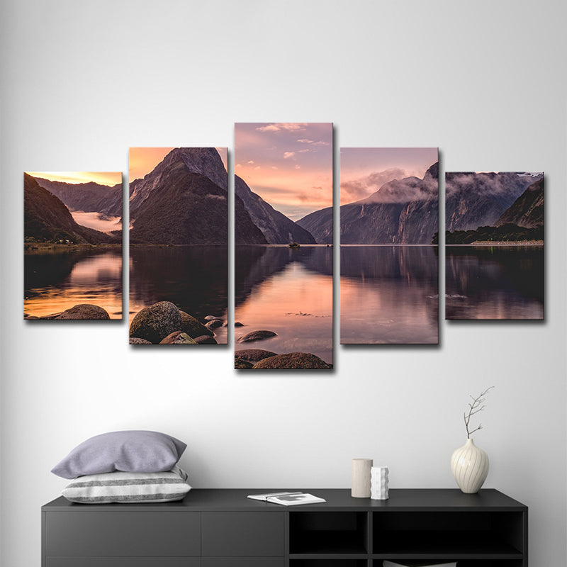 Milford Sound Sunset View Canvas Print Multi-Piece Modern Bedroom Wall Art Decor Clearhalo 'Art Gallery' 'Canvas Art' 'Contemporary Art Gallery' 'Modern' Arts' 1600535