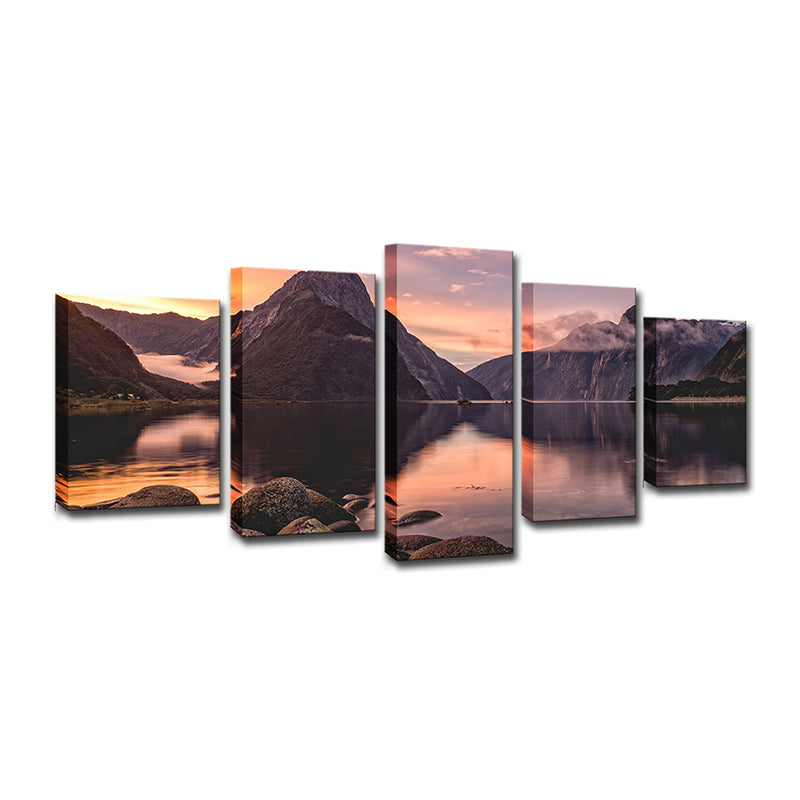 Milford Sound Sunset View Canvas Print Multi-Piece Modern Bedroom Wall Art Decor Clearhalo 'Art Gallery' 'Canvas Art' 'Contemporary Art Gallery' 'Modern' Arts' 1600536