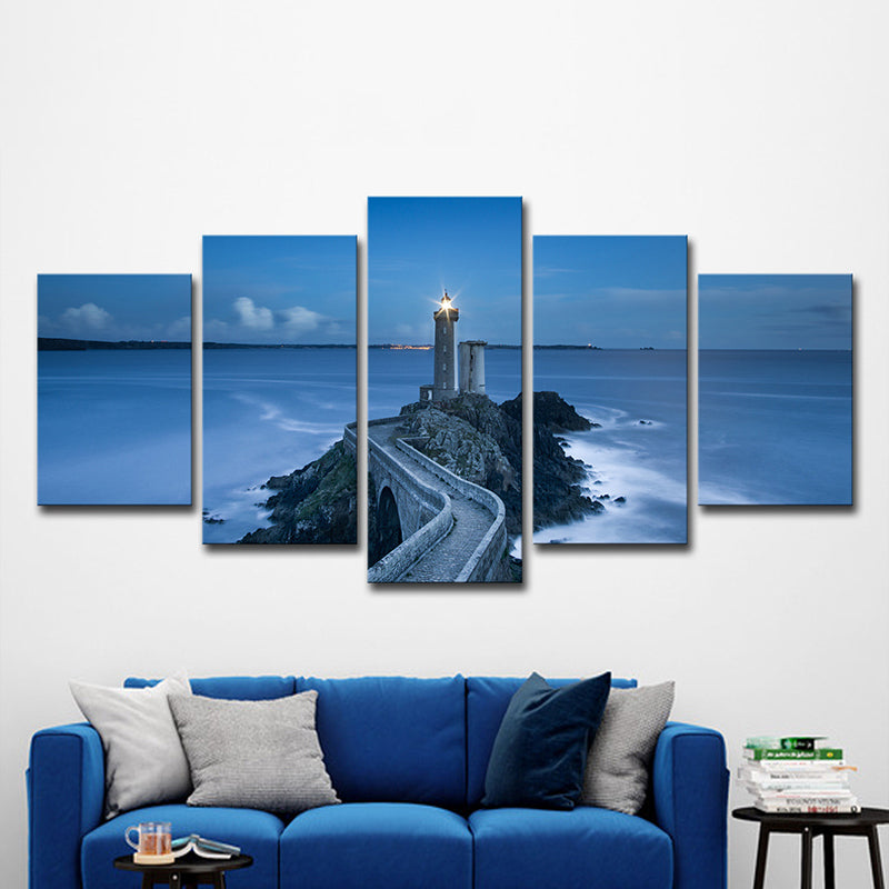 Blue Seascape Lighthouse Wall Art Print Multi-Piece Wall Decoration for Family Room Blue Clearhalo 'Art Gallery' 'Canvas Art' 'Contemporary Art Gallery' 'Modern' Arts' 1600540