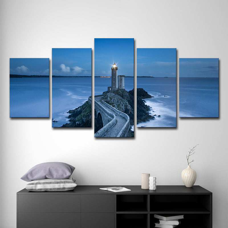 Blue Seascape Lighthouse Wall Art Print Multi-Piece Wall Decoration for Family Room Clearhalo 'Art Gallery' 'Canvas Art' 'Contemporary Art Gallery' 'Modern' Arts' 1600541