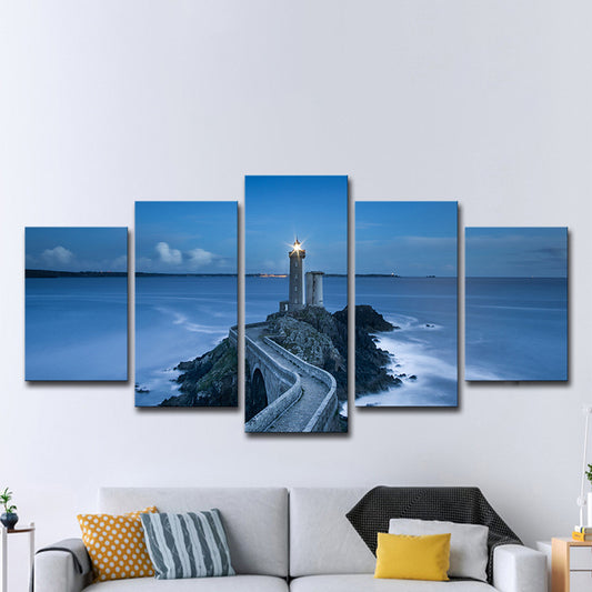Blue Seascape Lighthouse Wall Art Print Multi-Piece Wall Decoration for Family Room Clearhalo 'Art Gallery' 'Canvas Art' 'Contemporary Art Gallery' 'Modern' Arts' 1600542