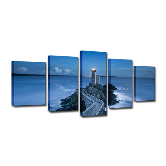 Blue Seascape Lighthouse Wall Art Print Multi-Piece Wall Decoration for Family Room Clearhalo 'Art Gallery' 'Canvas Art' 'Contemporary Art Gallery' 'Modern' Arts' 1600543