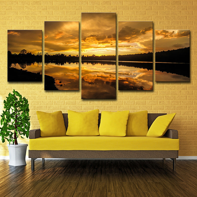 Yellow Contemporary Canvas Kaibab Lake Sundown Scenic Wall Art for Living Room Clearhalo 'Art Gallery' 'Canvas Art' 'Contemporary Art Gallery' 'Modern' Arts' 1600563