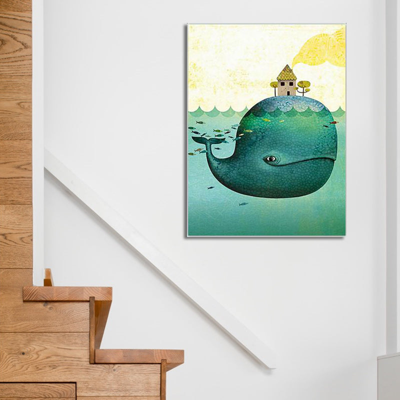 Pastel Color Kids Wall Art Sea Fish with Shelter Top Painting Canvas for Stairway Green Clearhalo 'Art Gallery' 'Canvas Art' 'Kids' Arts' 1600589