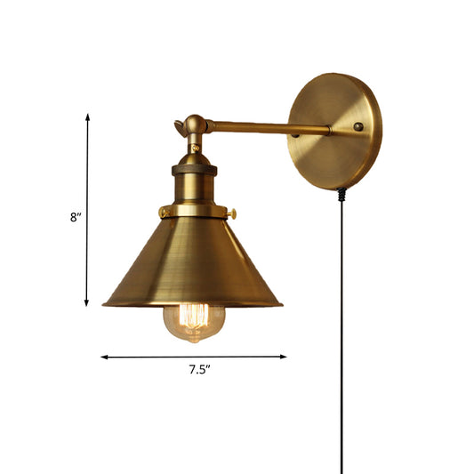 1 Bulb Sconce Wall Lighting with Conic Shade and Plug-In Cord Metal Industrial Indoor Wall Lamp in Brass Clearhalo 'Art deco wall lights' 'Cast Iron' 'Glass' 'Industrial wall lights' 'Industrial' 'Middle century wall lights' 'Modern' 'Rustic wall lights' 'Tiffany' 'Traditional wall lights' 'Wall Lamps & Sconces' 'Wall Lights' Lighting' 160073