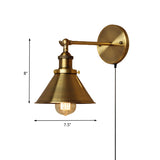 1 Bulb Sconce Wall Lighting with Conic Shade and Plug-In Cord Metal Industrial Indoor Wall Lamp in Brass Clearhalo 'Art deco wall lights' 'Cast Iron' 'Glass' 'Industrial wall lights' 'Industrial' 'Middle century wall lights' 'Modern' 'Rustic wall lights' 'Tiffany' 'Traditional wall lights' 'Wall Lamps & Sconces' 'Wall Lights' Lighting' 160073