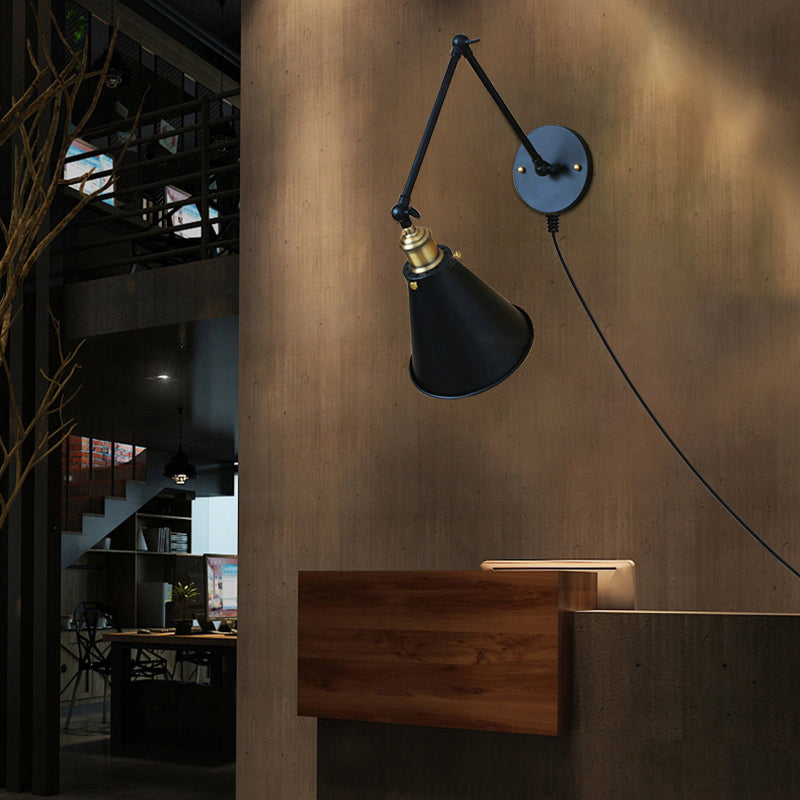 Vintage Tapered Wall Sconce 1 Bulb Metallic Sconce Light Fixture with Swing Arm in Black for Dining Room Clearhalo 'Art deco wall lights' 'Cast Iron' 'Glass' 'Industrial wall lights' 'Industrial' 'Middle century wall lights' 'Modern' 'Rustic wall lights' 'Tiffany' 'Traditional wall lights' 'Wall Lamps & Sconces' 'Wall Lights' Lighting' 160141