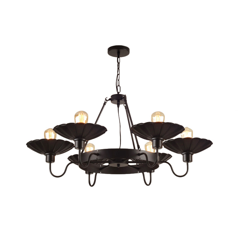6 Heads Down/Up Light with Scalloped Shade Metallic Vintage Style Restaurant Chandelier Lighting in Black Clearhalo 'Cast Iron' 'Ceiling Lights' 'Chandeliers' 'Industrial Chandeliers' 'Industrial' 'Metal' 'Middle Century Chandeliers' 'Rustic Chandeliers' 'Tiffany' Lighting' 160156