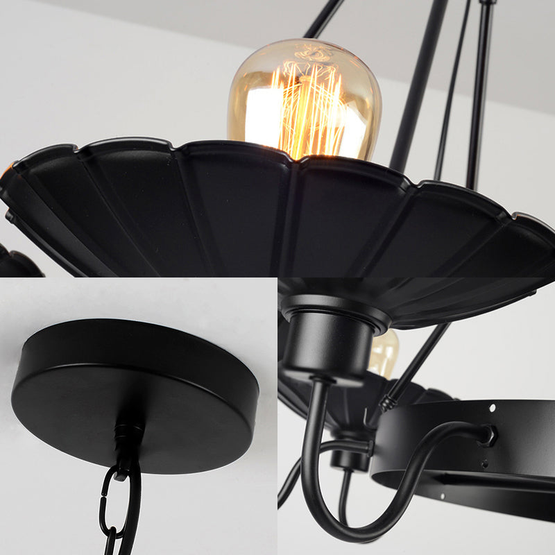 6 Heads Down/Up Light with Scalloped Shade Metallic Vintage Style Restaurant Chandelier Lighting in Black Clearhalo 'Cast Iron' 'Ceiling Lights' 'Chandeliers' 'Industrial Chandeliers' 'Industrial' 'Metal' 'Middle Century Chandeliers' 'Rustic Chandeliers' 'Tiffany' Lighting' 160158