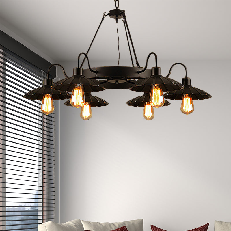6 Heads Down/Up Light with Scalloped Shade Metallic Vintage Style Restaurant Chandelier Lighting in Black Clearhalo 'Cast Iron' 'Ceiling Lights' 'Chandeliers' 'Industrial Chandeliers' 'Industrial' 'Metal' 'Middle Century Chandeliers' 'Rustic Chandeliers' 'Tiffany' Lighting' 160160