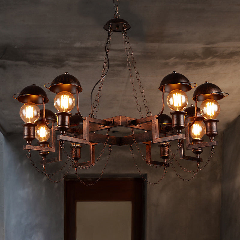 Metal Ring Hanging Lamp with Half-Globe Shade 8 Heads Antique Chandelier in Rust for Villa Rust Clearhalo 'Cast Iron' 'Ceiling Lights' 'Chandeliers' 'Industrial Chandeliers' 'Industrial' 'Metal' 'Middle Century Chandeliers' 'Rustic Chandeliers' 'Tiffany' Lighting' 160191