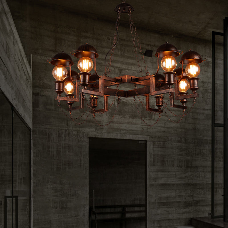 Metal Ring Hanging Lamp with Half-Globe Shade 8 Heads Antique Chandelier in Rust for Villa Clearhalo 'Cast Iron' 'Ceiling Lights' 'Chandeliers' 'Industrial Chandeliers' 'Industrial' 'Metal' 'Middle Century Chandeliers' 'Rustic Chandeliers' 'Tiffany' Lighting' 160192
