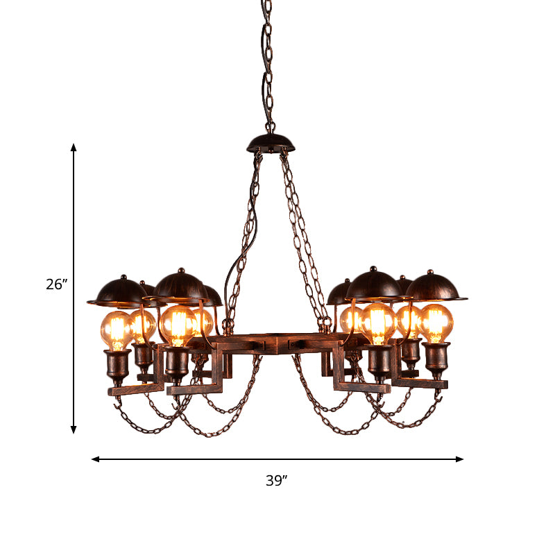 Metal Ring Hanging Lamp with Half-Globe Shade 8 Heads Antique Chandelier in Rust for Villa Clearhalo 'Cast Iron' 'Ceiling Lights' 'Chandeliers' 'Industrial Chandeliers' 'Industrial' 'Metal' 'Middle Century Chandeliers' 'Rustic Chandeliers' 'Tiffany' Lighting' 160194