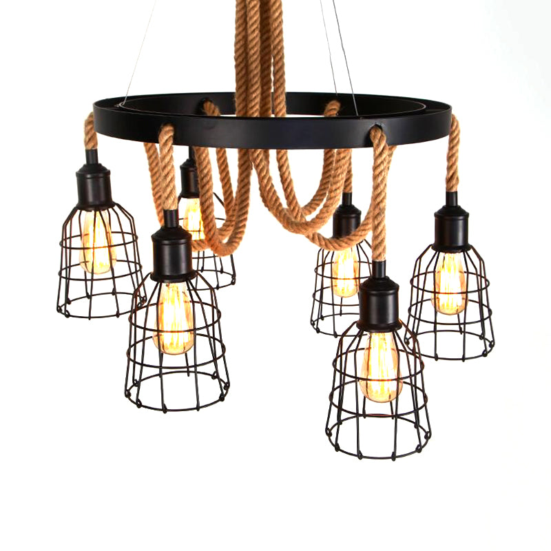 Black Multi Light Chandelier Pendant Light Vintage Style Metal Global/Bell Cage Pendant Lamp with Rope Clearhalo 'Ceiling Lights' 'Chandeliers' 'Industrial Chandeliers' 'Industrial' 'Middle Century Chandeliers' 'Tiffany' Lighting' 160317