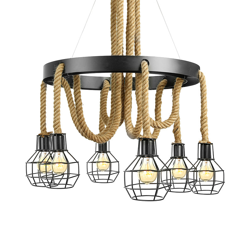 Black Multi Light Chandelier Pendant Light Vintage Style Metal Global/Bell Cage Pendant Lamp with Rope Clearhalo 'Ceiling Lights' 'Chandeliers' 'Industrial Chandeliers' 'Industrial' 'Middle Century Chandeliers' 'Tiffany' Lighting' 160321