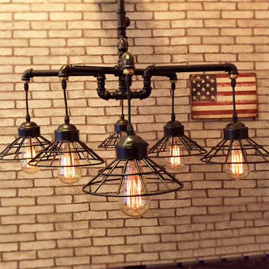 Piped Dining Room Chandelier Lamp Farmhouse Style Metal 6-Light Black Pendant Lighting with Cone Cage Shade Clearhalo 'Cast Iron' 'Ceiling Lights' 'Chandeliers' 'Industrial Chandeliers' 'Industrial' 'Metal' 'Middle Century Chandeliers' 'Rustic Chandeliers' 'Tiffany' Lighting' 160341