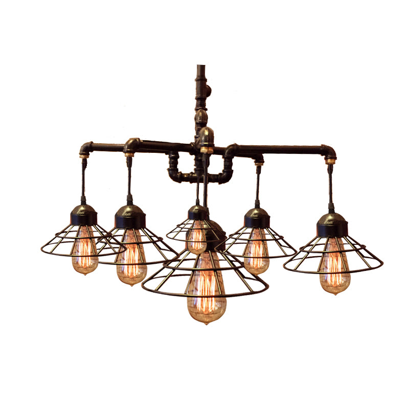 Piped Dining Room Chandelier Lamp Farmhouse Style Metal 6-Light Black Pendant Lighting with Cone Cage Shade Clearhalo 'Cast Iron' 'Ceiling Lights' 'Chandeliers' 'Industrial Chandeliers' 'Industrial' 'Metal' 'Middle Century Chandeliers' 'Rustic Chandeliers' 'Tiffany' Lighting' 160342