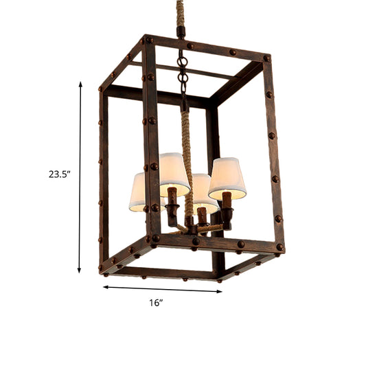 Iron Cage Rectangular Pendant Lighting Antique 4/8 Lights Living Room Chandelier Lamp with Inner Fabric Cone Shade in Rust Clearhalo 'Cast Iron' 'Ceiling Lights' 'Chandeliers' 'Industrial Chandeliers' 'Industrial' 'Metal' 'Middle Century Chandeliers' 'Rustic Chandeliers' 'Tiffany' Lighting' 160369