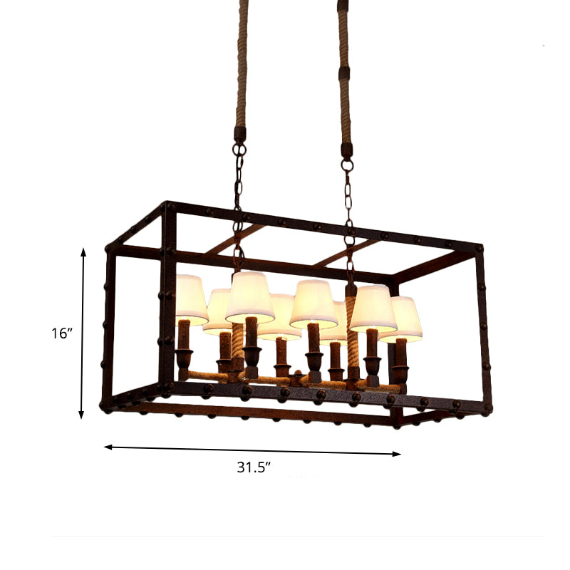 Iron Cage Rectangular Pendant Lighting Antique 4/8 Lights Living Room Chandelier Lamp with Inner Fabric Cone Shade in Rust Clearhalo 'Cast Iron' 'Ceiling Lights' 'Chandeliers' 'Industrial Chandeliers' 'Industrial' 'Metal' 'Middle Century Chandeliers' 'Rustic Chandeliers' 'Tiffany' Lighting' 160373