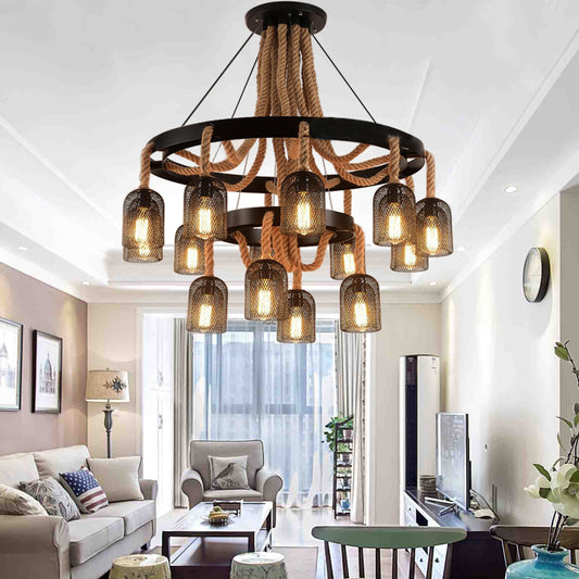 4 Lights Ring Hanging Light with Mesh Shade and Rope Industrial Black Metallic Chandelier Lamp for Foyer Clearhalo 'Cast Iron' 'Ceiling Lights' 'Chandeliers' 'Industrial Chandeliers' 'Industrial' 'Metal' 'Middle Century Chandeliers' 'Rustic Chandeliers' 'Tiffany' Lighting' 160383