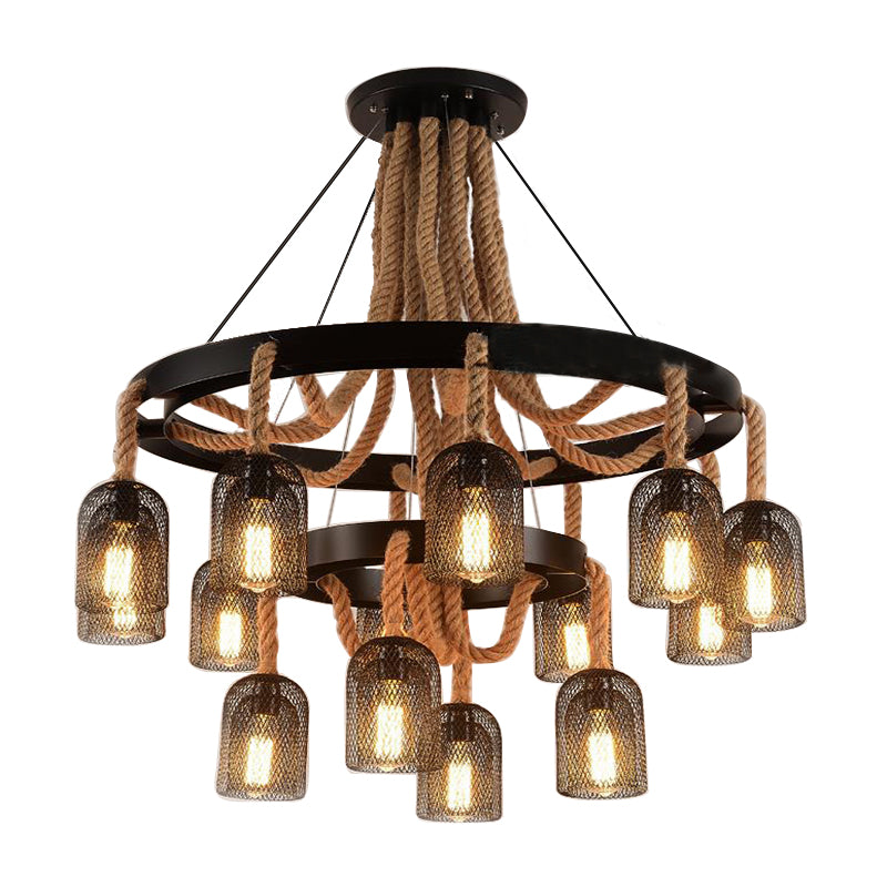 4 Lights Ring Hanging Light with Mesh Shade and Rope Industrial Black Metallic Chandelier Lamp for Foyer Clearhalo 'Cast Iron' 'Ceiling Lights' 'Chandeliers' 'Industrial Chandeliers' 'Industrial' 'Metal' 'Middle Century Chandeliers' 'Rustic Chandeliers' 'Tiffany' Lighting' 160385