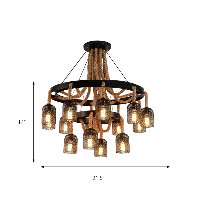 4 Lights Ring Hanging Light with Mesh Shade and Rope Industrial Black Metallic Chandelier Lamp for Foyer Clearhalo 'Cast Iron' 'Ceiling Lights' 'Chandeliers' 'Industrial Chandeliers' 'Industrial' 'Metal' 'Middle Century Chandeliers' 'Rustic Chandeliers' 'Tiffany' Lighting' 160386