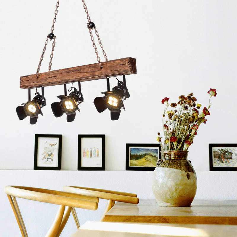 Vintage Style Linear Island Light 3 Lights Metal and Wood Island Pendant Light with Wooden Beam in Black Black Clearhalo 'Ceiling Lights' 'Island Lights' Lighting' 160401