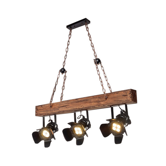 Vintage Style Linear Island Light 3 Lights Metal and Wood Island Pendant Light with Wooden Beam in Black Clearhalo 'Ceiling Lights' 'Island Lights' Lighting' 160403