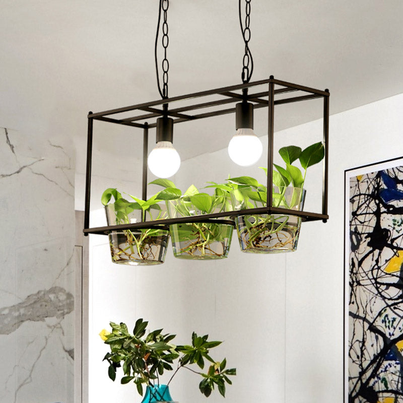 Metal Rectangle Island Ceiling Light Retro 2 Bulbs Dining Room LED Suspension Lamp in Black/Gold Black Clearhalo 'Ceiling Lights' 'Island Lights' Lighting' 1604160