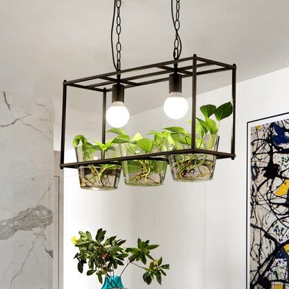 Metal Rectangle Island Ceiling Light Retro 2 Bulbs Dining Room LED Suspension Lamp in Black/Gold Black Clearhalo 'Ceiling Lights' 'Island Lights' Lighting' 1604160