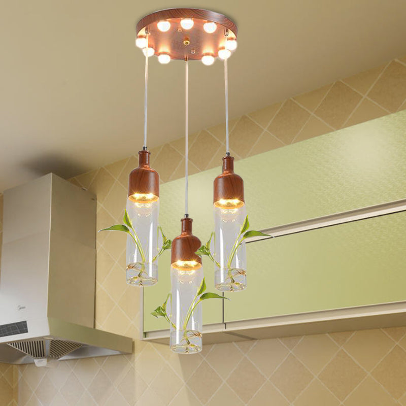 Antique Wine Bottle Cluster Pendant 3/5/7 Bulbs Metal LED Ceiling Light in Brown with Round/Linear Canopy 3 Brown Round Clearhalo 'Art Deco Pendants' 'Cast Iron' 'Ceiling Lights' 'Ceramic' 'Crystal' 'Industrial Pendants' 'Industrial' 'Metal' 'Middle Century Pendants' 'Pendant Lights' 'Pendants' 'Tiffany' Lighting' 1604269