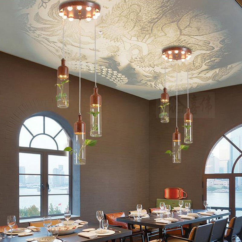 Antique Wine Bottle Cluster Pendant 3/5/7 Bulbs Metal LED Ceiling Light in Brown with Round/Linear Canopy Clearhalo 'Art Deco Pendants' 'Cast Iron' 'Ceiling Lights' 'Ceramic' 'Crystal' 'Industrial Pendants' 'Industrial' 'Metal' 'Middle Century Pendants' 'Pendant Lights' 'Pendants' 'Tiffany' Lighting' 1604270