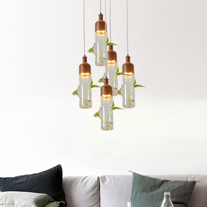 Antique Wine Bottle Cluster Pendant 3/5/7 Bulbs Metal LED Ceiling Light in Brown with Round/Linear Canopy 5 Brown Round Clearhalo 'Art Deco Pendants' 'Cast Iron' 'Ceiling Lights' 'Ceramic' 'Crystal' 'Industrial Pendants' 'Industrial' 'Metal' 'Middle Century Pendants' 'Pendant Lights' 'Pendants' 'Tiffany' Lighting' 1604278