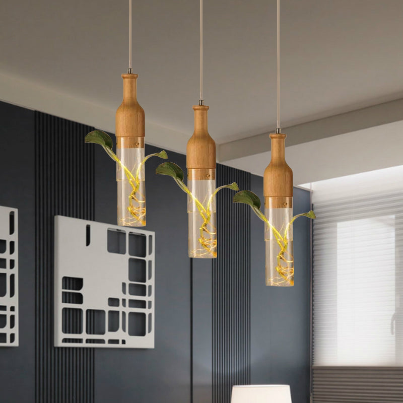 3 Bulbs Clear Glass Multi Light Pendant Industrial Wood Wine Bottle Restaurant Suspension Lighting Clearhalo 'Ceiling Lights' 'Glass shade' 'Glass' 'Industrial Pendants' 'Industrial' 'Middle Century Pendants' 'Pendant Lights' 'Pendants' 'Tiffany' Lighting' 1604295