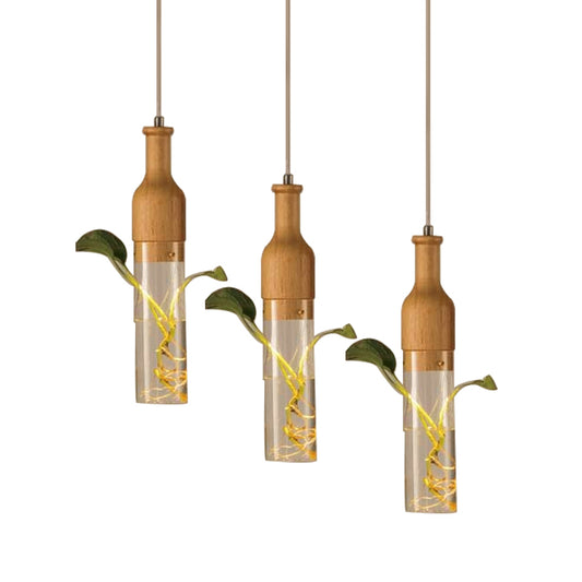 3 Bulbs Clear Glass Multi Light Pendant Industrial Wood Wine Bottle Restaurant Suspension Lighting Clearhalo 'Ceiling Lights' 'Glass shade' 'Glass' 'Industrial Pendants' 'Industrial' 'Middle Century Pendants' 'Pendant Lights' 'Pendants' 'Tiffany' Lighting' 1604297