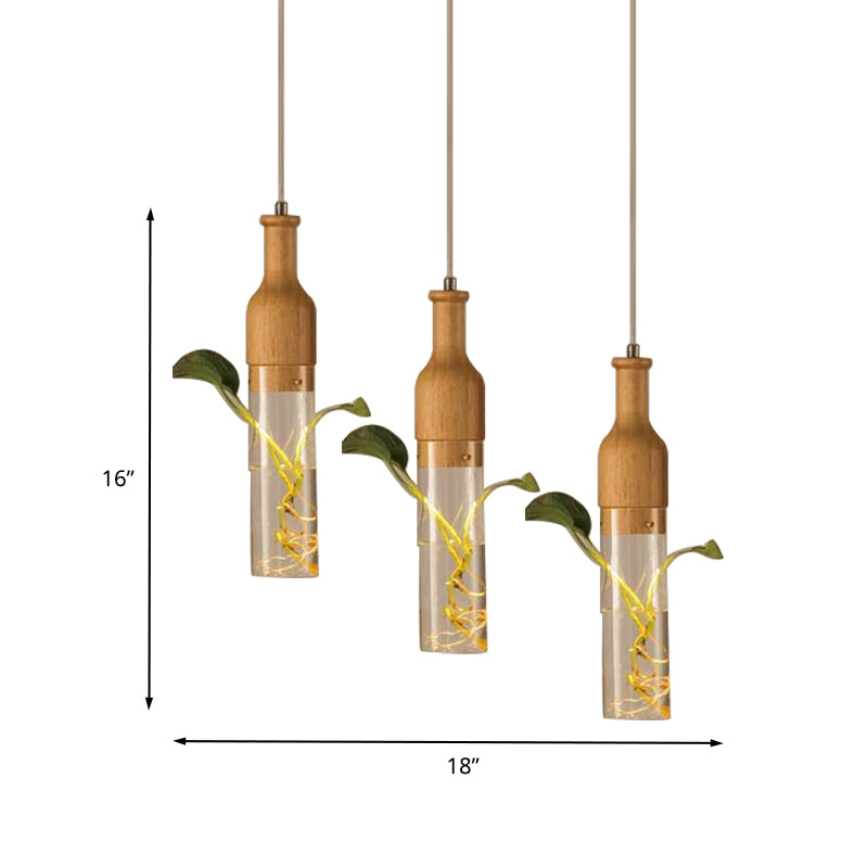 3 Bulbs Clear Glass Multi Light Pendant Industrial Wood Wine Bottle Restaurant Suspension Lighting Clearhalo 'Ceiling Lights' 'Glass shade' 'Glass' 'Industrial Pendants' 'Industrial' 'Middle Century Pendants' 'Pendant Lights' 'Pendants' 'Tiffany' Lighting' 1604298